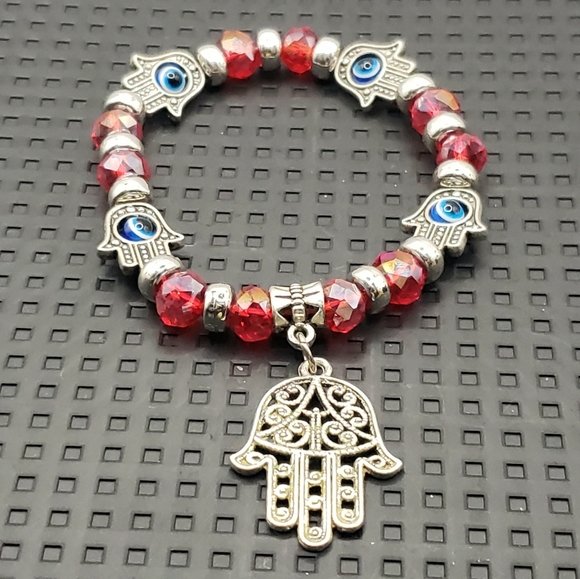 Hamsa Hand Evil Eye Beaded Stretch Bracelet Red Blue Silver - Picture 2 of 8